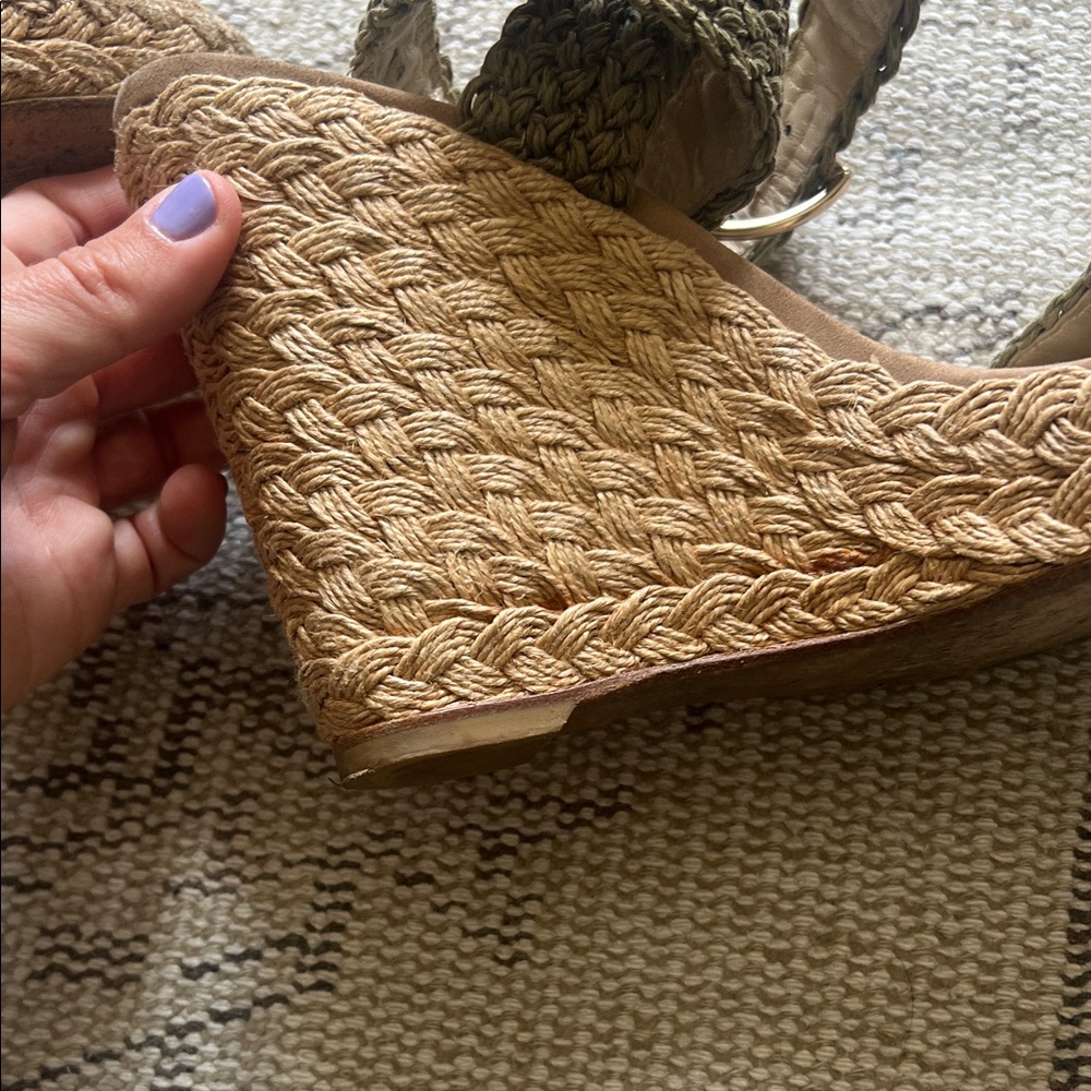 Stuart Weitzman Taupe Woven Ankle-Strap Wedge Sandals - Picture 10 of 16